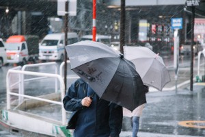 台風で傘をさす